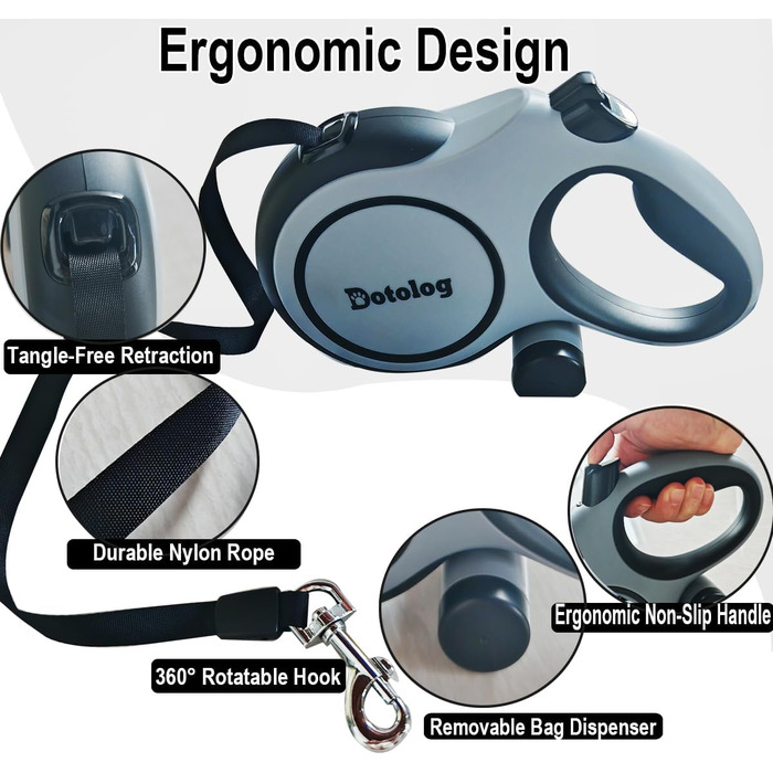 Рулетка для собак Dotolog 8м, висувна повідка для собак середніх та великих порід до 50 кг, повідка-рулетка, сіра/чорна