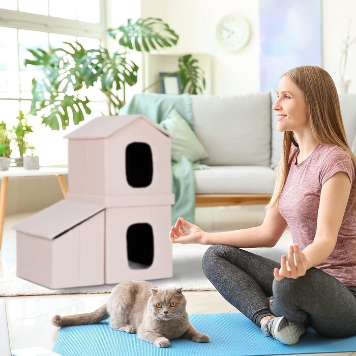 Складний будинок для котів Relaxdays, 2 рівня, 86x75x44 см, з кошиком для зберігання, бежевий
