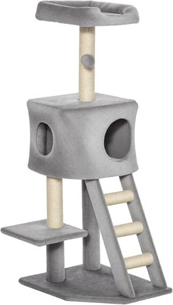 Кігтеточка PawHut 120 см для котів з будиночком, іграшкою, сизалевими стовпцями, платформою та сходами, багатоярусна, сірого кольору