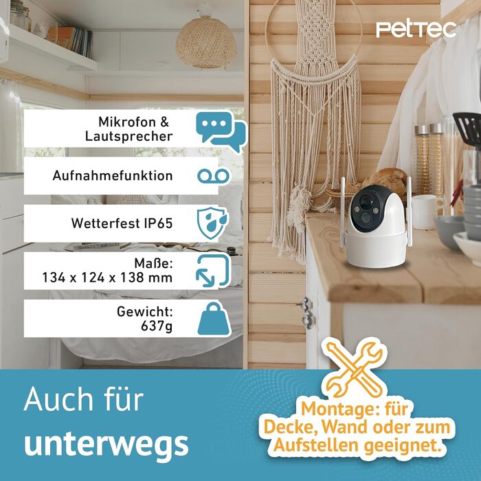 PETTEC камера для тварин Free'n 360: Wi-Fi 2.4ГГц, акумулятор, панорамне обертання, без підписки, зовнішня камера 3MP, детекція руху, нічне бачення 20м, IP65, прожектор і сирена