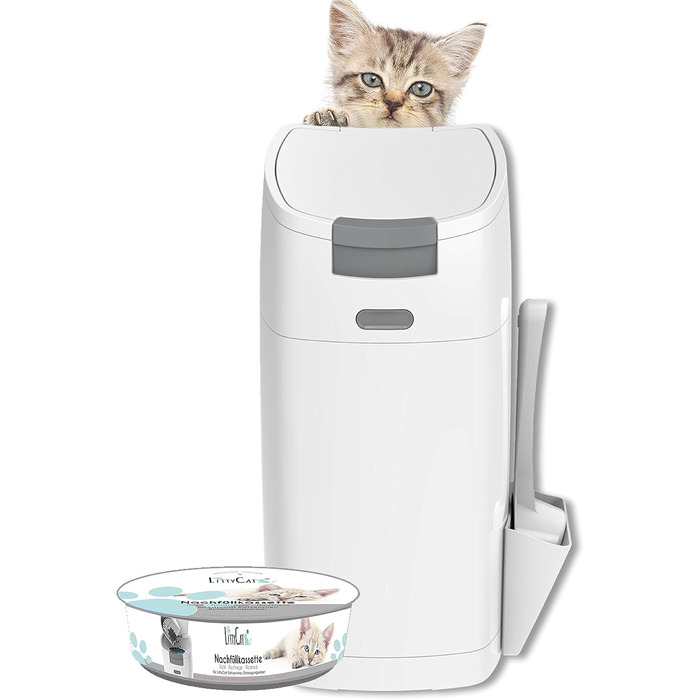 Відро для сміття з котячого туалету Littycat з лопаткою - з картриджем для поповнення - котячий туалет, відро для котячого туалету біло-сірий + 1 картридж біло-сірий