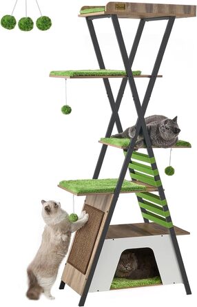 FourFurPets 184 см Дерев'яний багаторівневий котячий комплекс для дому з будиночками, когтеточкою та великою платформою, сучасний котячий дім Greige