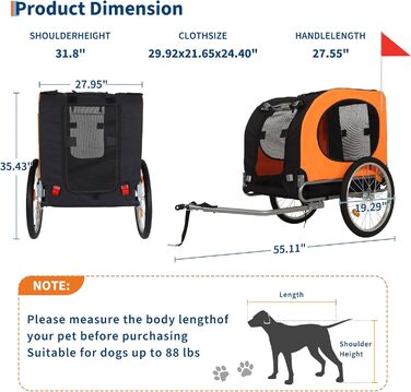 Дитячий велосипед-причеп для собак до 40 кг – з безпечною лідкою, прапорцем, 20-дюймовими шинами, амортизацією, водонепроникним покриттям з ПВХ, сталевим каркасом, вентиляційними вікнами – помаранчевий