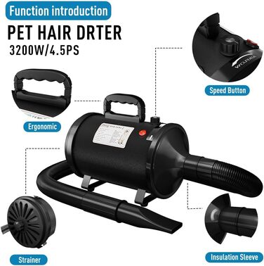 Фен для собак Blower - тихий, 4.5 PS / 3200W, регульована швидкість, 4 насадки, шланг, щітка (чорний)