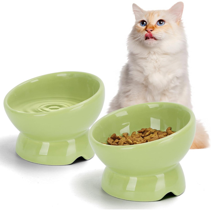 Керамічні годівниці для котів Nobleza (2 шт) з нахилом 15°, анти-блювотні, для корму та води, підходять для котів та маленьких собак, білий колір