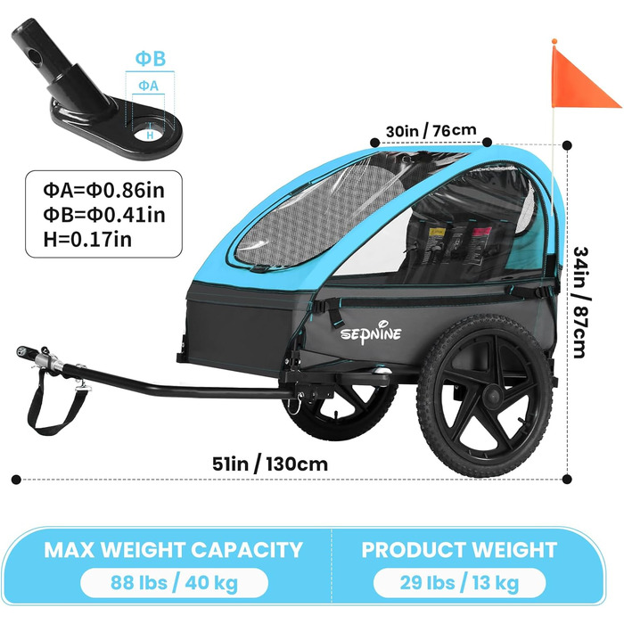 Дитячий велопричіп Sepnine для 2 дітей, від 12 місяців, з 5-точковим ременем та сумками, синій BT609