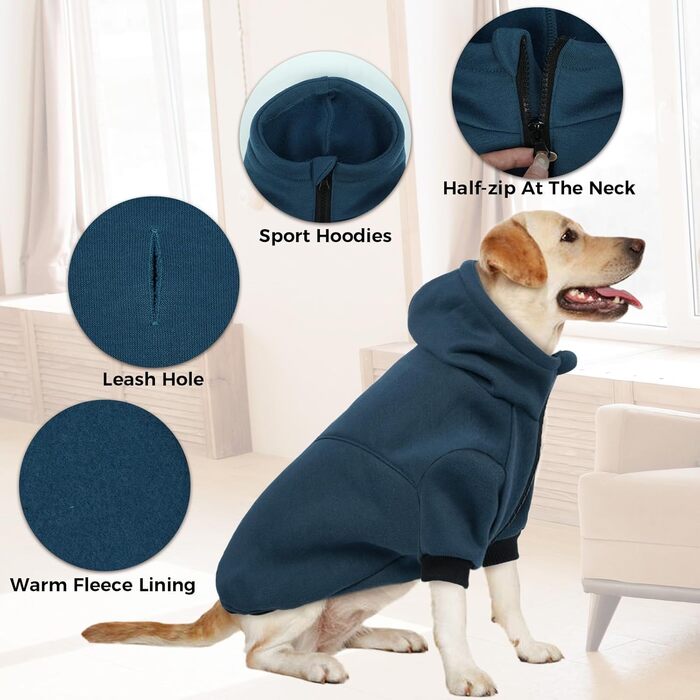 Флісовий худі для собак Lelepet з капюшоном та отвором для повідка, теплий, для осені та зими, на блискавку, стильний одяг для собак маленьких, середніх та великих порід, зелений (Medium, Blue)