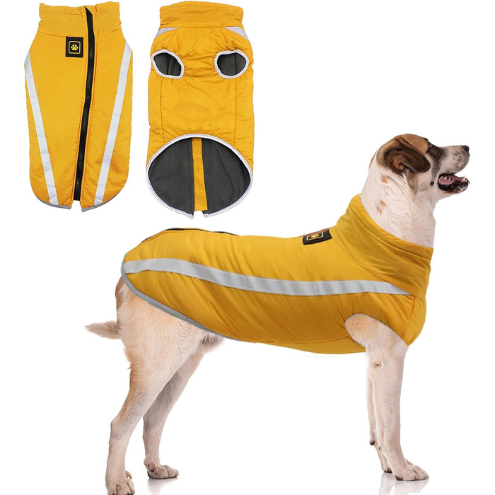 Зимова куртка для собак, тепла водонепроникна куртка для середніх та великих собак, флісова підкладка, світловідбиваючі елементи, для Лабрадора, Бульдога, Самоеда (5XL/60см, Жовтий)