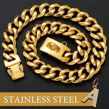 Срібний собачий нашийник 15 мм з кулоном, ланцюжок для прогулянок з нержавіючої сталі з кубинськими зв'язками, міцний, не кусається, для собак малих та середніх порід (55 см, золото-19 мм)