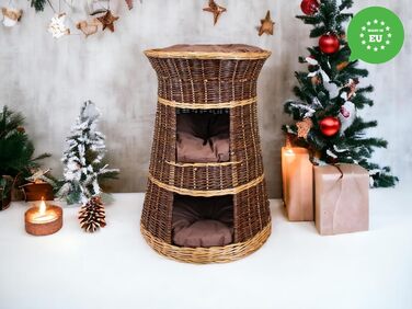 Корзина для котів для сну – котяча хатинка для дому – розмір 43 x 49 x 70 см, кругла – котяча печера з лози, трирівневе ліжко для собак або котів з пральними подушками в бежевому кольорі – лакована корзина (коричневі подушки)