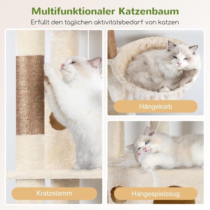 Дерев'яний комплекс для котів Globlazer з 3 будиночками, 5 сизалевими стовпчиками, платформою та іграшками, 168 см, бежевий