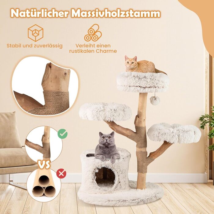 Дерев'яна кігтеточка для котів COSTWAY 102 см з будиночком, платформами та м'яким сидінням, кігтеточний стовпчик з джуту, білий кігтеточний комплекс для котів