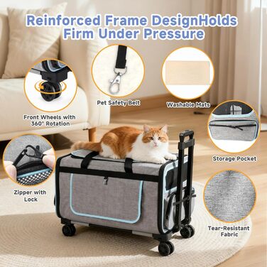 Транспортер для тварин на колесах для котів та собак, сумка-переноска з знімними колесами та пральним вкладишем, плечовий ремінь, портативний транспортер для відпочинку на природі та подорожей на авто (Макс.20 кг)