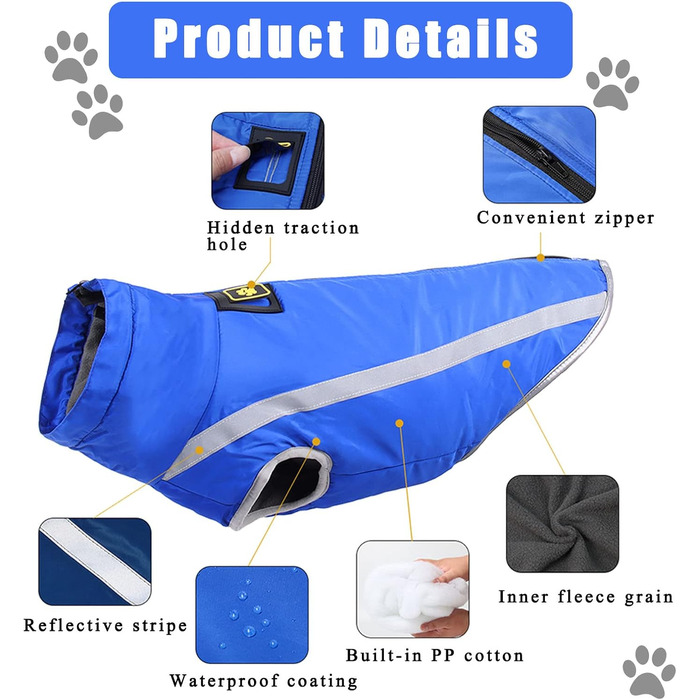 Зимова куртка для собак, тепла водонепроникна куртка для середніх та великих собак, флісова підкладка, світловідбиваючі елементи, для Лабрадора, Бульдога, Самоеда (5XL/60см, Синій)