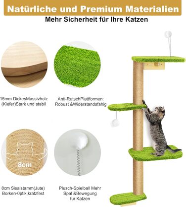 Кліматична стіна для котів Kratzbaum 125 см: 4 яруси, натуральне дерево, міцний фетр, зелений колір