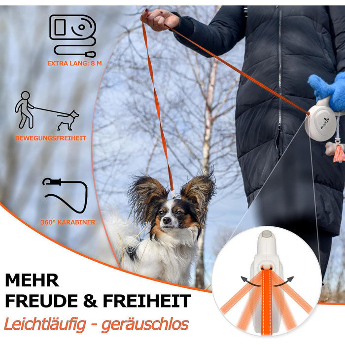 Блузель 8м Рулетка для собак до 50 кг, Неонова жовта рулетка з відбивачем, карабін 360°, ергономічна ручка з гумою та стопором