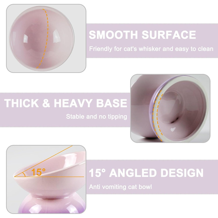 Підвищений годівниця для котів з кераміки, нахилений миска для води або корму, порцеляна, без стресу, запобігання зворотному потоку, придатний для миття в посудомийній машині та мікрохвильовій печі, колір лаванди з градієнтом