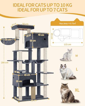 Декілька рівнева кігтеточка для котів Hzuaneri MS20018LG, 200 см, XXL, 10 стовпчиків, 2 печери, 2 гамаки, велика платформа, щітка для котів, кошик, для мейн-кунів та великих котів