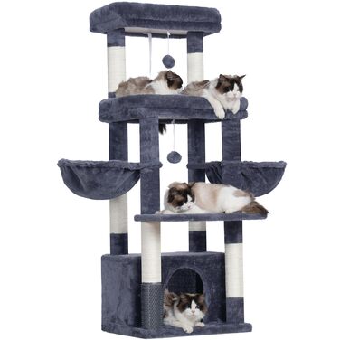 Котячий будиночок Hey-brother Kratzbaum для великих котів та Мейн-кунів, багатоярусний, стабільний, з 2 платформами, 2 котячими будиночками, великою печерею та щіткою, EMPJ070W (димно-сірий)