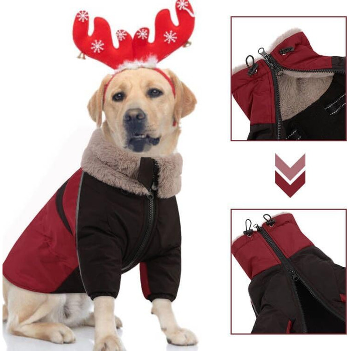 Зимовий одяг для собак, непромокаючий та вітронепроникний з дзвоником для малих, середніх та великих собак, світловідбиваюча куртка з захистом живота (S, червоний)