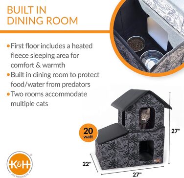Двоповерховий вуличний котячий будиночок K&H PET PRODUCTS з їдальнею та обігрівом, сірий, 55,9x68,9x68,9 см