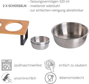 Підвищена годівниця для котів, ергономічна миска для котів, годівниця з кераміки та дерева, піднята годівниця для котів та маленьких собак (Noir - нержавіюча сталь)