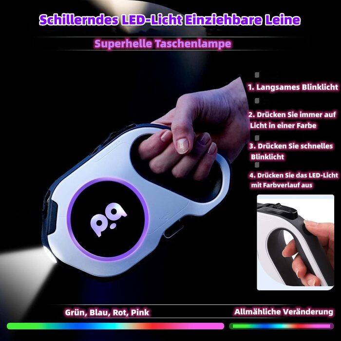 Розтягувана собача поводок з LED-підсвіткою, гальмом та системою швидкого розблокування, 5м, нейлон, до 40кг