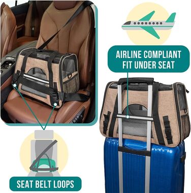 PetAmi Преміум переноска для тварин, схвалена авіакомпаніями | м'яка, вентильована, комфортна, з функціями безпеки | для котів, собак та інших домашніх тварин, середніх розмірів, коричнево-сіра, велика (19.5'L x 10.2'W x 12'H)