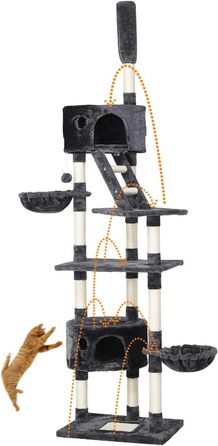 Yaheetech Котячий дряпак XXL, регульований, 228-255 см, 2 будиночки, кошик, сизаль, темно-сірий