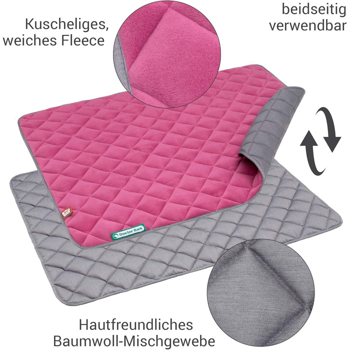 Підстилка для собак Doctor Bark - флісова двостороння, 100x80 см, рожевий/світло-сірий, для великих собак, миється до 95°C