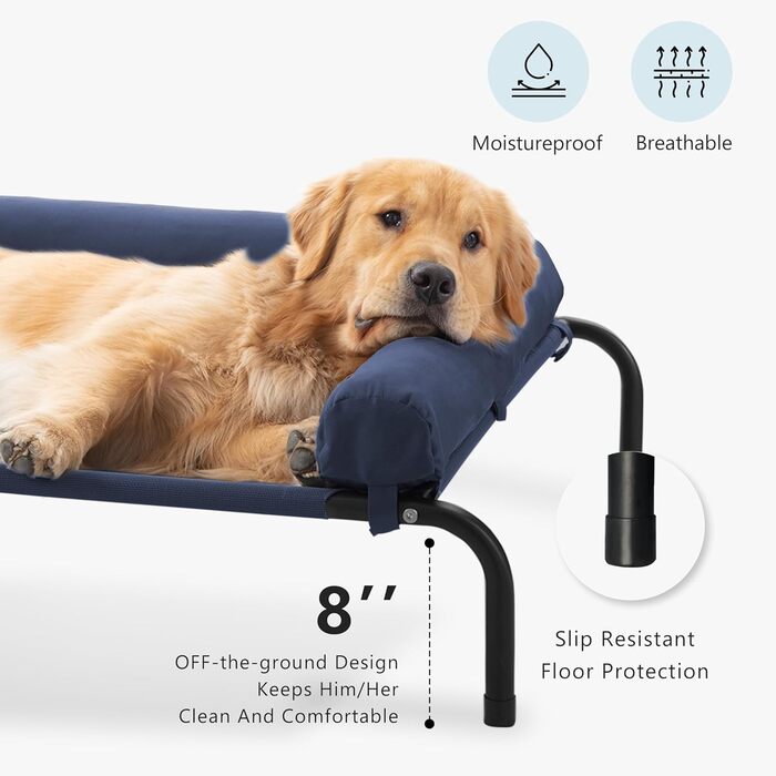 WESTERN HOME Охолоджуване собаче ліжко з підняттям для великих собак, для вулиці, портативне, з дихаючою сіткою, преміум-якість, знімний чохол (147 x 107 x 24 см, Темно-синій)