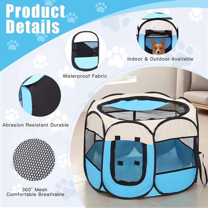 Складана переносна вольєр для цуценят та собак, 74x74x43 см, водовідштовхувальне полотно Oxford, вольєр для собак, клітка для котів та собак, кроликів (Блакитний, 8, M)