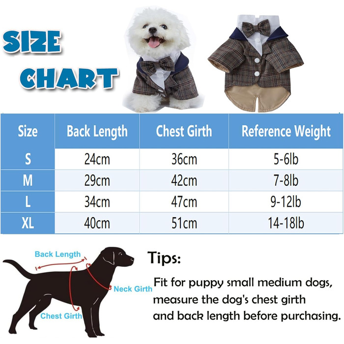 Елегантний костюм для собак: смокінг для маленьких та середніх собак, коричневий, з краваткою, для вечірки, дня народження, фестивалю, розмір S (довжина спини 24 см)