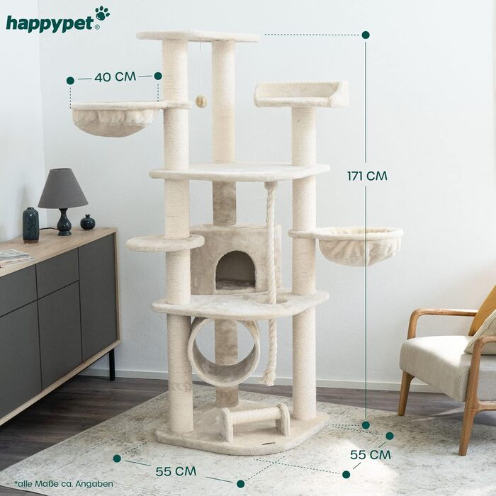 Великий когтеточка для котів HAPPYPET Parker 171 см, стійкий, з ігровим тунелем, будиночком, великими лежанками та стовпами 11 см, кремовий, кішковий комплекс XXL
