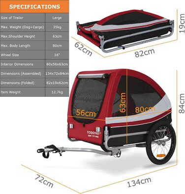 DOGGYHUT® Tobi - великий велопричіп для собак, 35 кг, зелений/червоний