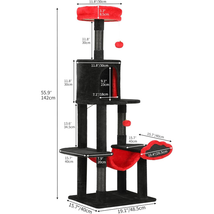 Котячий комплекс YITAHOME XXL, 142 см, з 8 стовпчиків сизалю, 3 платформи, 2 печери, гамак, іграшки, чорно-червоний