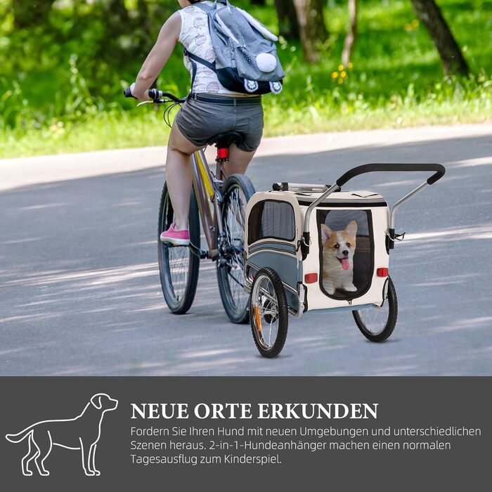 Причеп-перевозник для собак 2-в-1 на велосипед та візок – для собак до 30 кг, складаний, з гальмами, сигнальним прапорцем, для активного відпочинку та дому, легкий у встановленні (Блакитний)