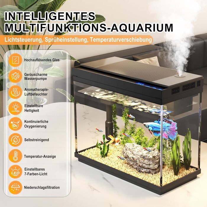 Акваріум Vehipa Nano 9L з інтелектуальним зволожувачем повітря, індикатором температури, склом UHD, 7-кольоровим підсвічуванням, 3-в-1 насосом з фільтрацією, подачею кисню та циркуляцією, чорний