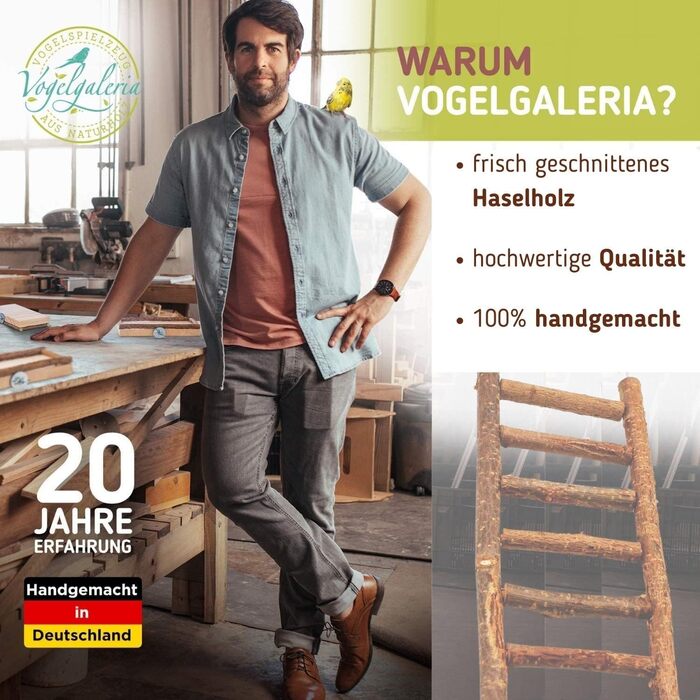 Vogelgaleria® Драбинка для птахів з натурального дерева без клею, іграшка для хвилястих папуг, корел, канарок