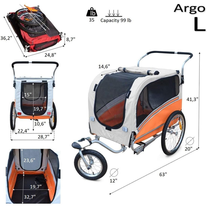 Причіп для собак PapilioShop Argo - великий, для собак S-M-L, зелений/помаранчевий