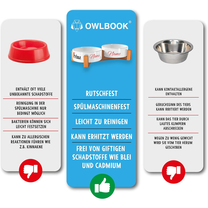 OWLBOOK Миска для собак з гравіюванням імені, подвійна миска для корму та води з кераміки та бамбука, 300 мл