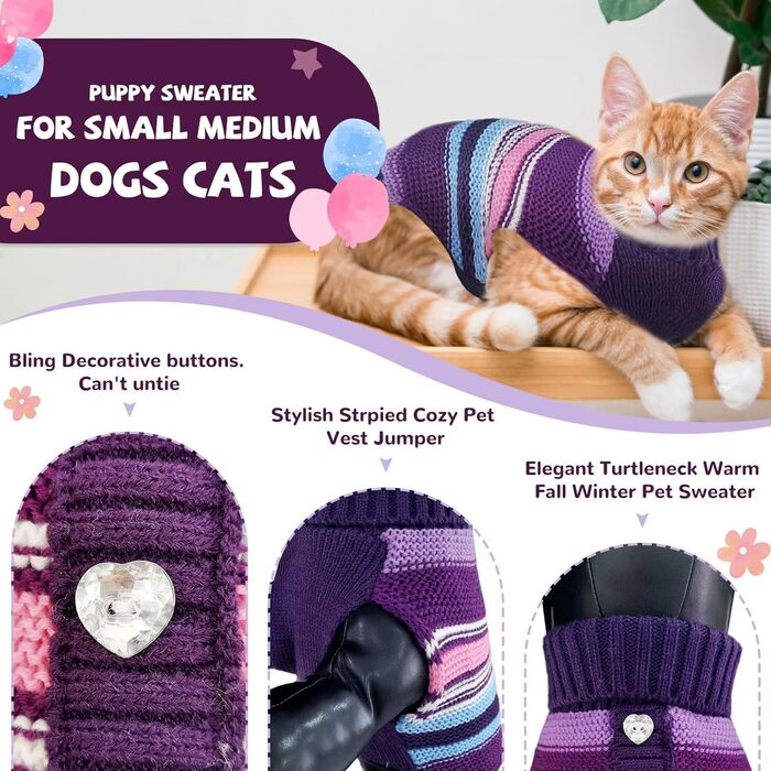 Пуловер для собак у смужку, теплий в'язаний пуловер з коміром-горловиною, теплий та м'який одяг для собак маленьких та середніх порід (L, фіолетовий у смужку)