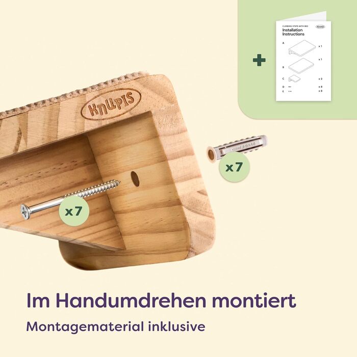 Комплект для котячого комплексу Knupis: Кліматична стіна з ліжком та 2 сходинками – Масивна деревина FSC® з сосни, стійка платформа до 30 кг – Для ігор та відпочинку - Бежевий