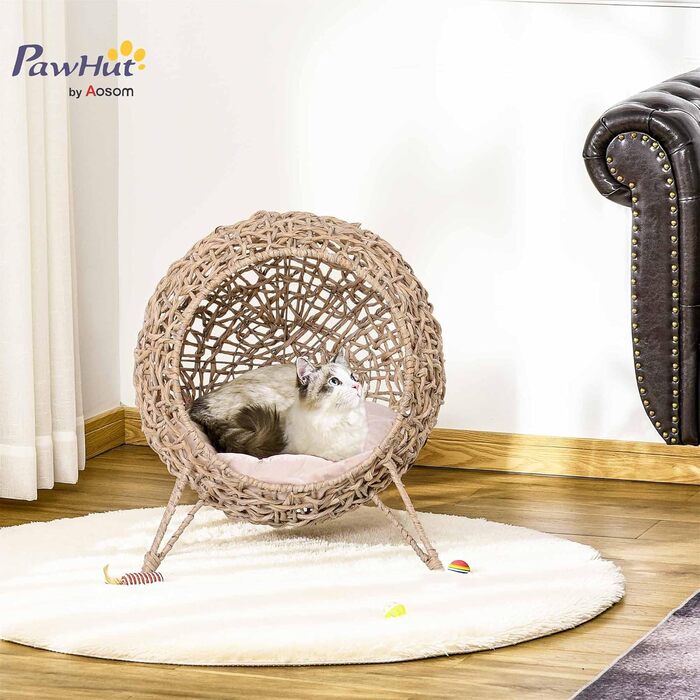 Будиночок для кота PawHut з ротангу з подушкою, лежанка для котів, котяча печера з піднятими ніжками, Ø52 x 58 см (натуральне дерево)