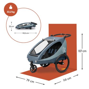 Причіп для велосипеда Hauck Dryk Duo Plus 2 в 1 для двох дітей (6-48 місяців) з амортизацією, багажник, прапор та LED-ліхтар, складання, регулювання висоти, XL-багажник (Темно-синій)