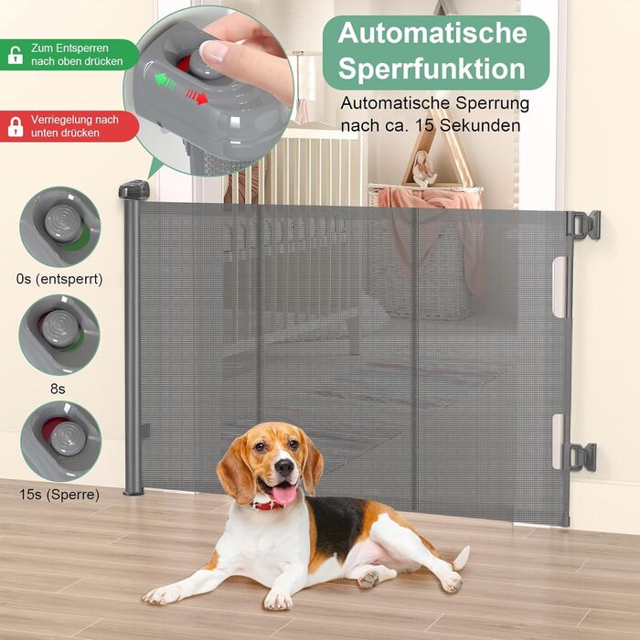 Захист для сходів з замком, висувний захист для дітей та собак, 150 см ширина, 83 см висота, автоматичне блокування (140см, сірий)
