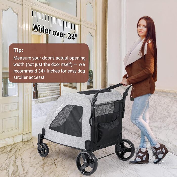 Візок для собак EchoSmile для середніх та великих собак до 70 кг, сірий, складний, з сітчастими віконцями та регульованою ручкою, 4 проходимі колеса
