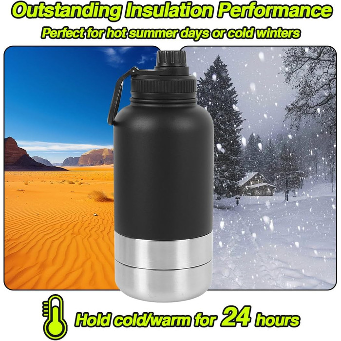 Водяна пляшка для собак на ходу, 950 мл, з мискою для їжі та води, ізольована, нержавіюча сталь, чорна