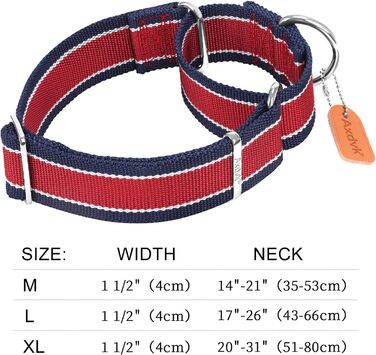 Нашийник для собак Martingale, 4 см, міцний нейлон 1600D, анти-вислизання, з трикольоровими смугами, для собак середніх та великих порід (M), сіро-блакитний & чорний, розмір 43-64 см