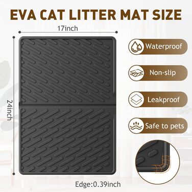 Килимок для котячого туалету EVA, водонепроникний, легкий у догляді, антиковзкий, з рельєфом і бортиками, для збору наповнювача, 61x43 см, чорний